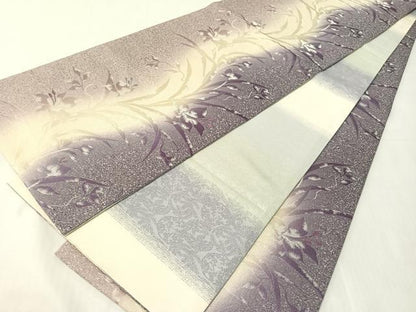 平和屋着物●両面　全通柄袋帯　草花文　銀通し地　正絹　逸品　CABJ7345vp