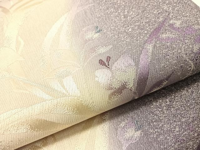 平和屋着物●両面　全通柄袋帯　草花文　銀通し地　正絹　逸品　CABJ7345vp