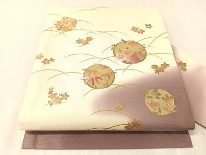 平和屋着物●九寸名古屋帯　刺繍　笹花丸文　銀通し地　逸品　CABJ7348vp