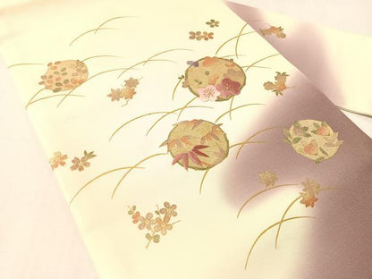 平和屋着物●九寸名古屋帯　刺繍　笹花丸文　銀通し地　逸品　CABJ7348vp