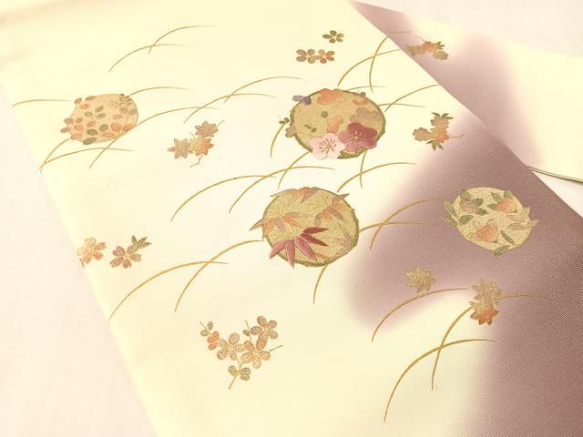 平和屋着物●九寸名古屋帯　刺繍　笹花丸文　銀通し地　逸品　CABJ7348vp