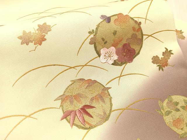 平和屋着物●九寸名古屋帯　刺繍　笹花丸文　銀通し地　逸品　CABJ7348vp