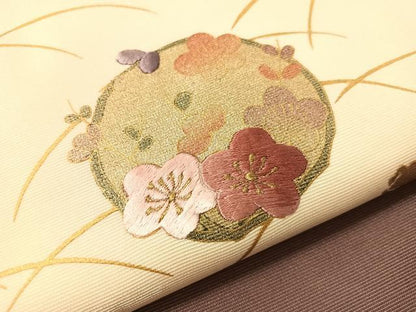 平和屋着物●九寸名古屋帯　刺繍　笹花丸文　銀通し地　逸品　CABJ7348vp
