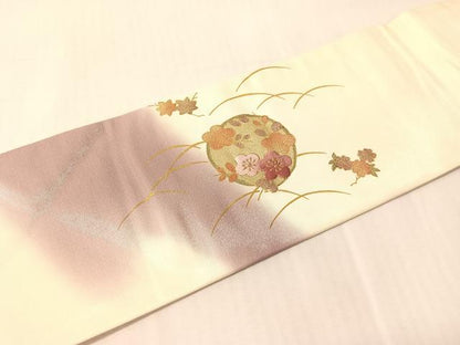 平和屋着物●九寸名古屋帯　刺繍　笹花丸文　銀通し地　逸品　CABJ7348vp