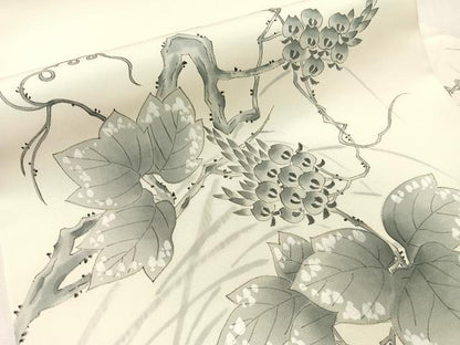 平和屋着物●塩瀬　九寸名古屋帯　手描き　蔦の葉花文　正絹　逸品　CABJ7351vp