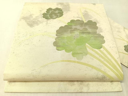 平和屋着物●九寸名古屋帯　草花文　銀糸　正絹　逸品　CABJ7352vp