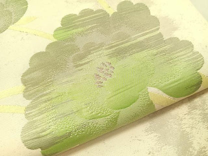 平和屋着物●九寸名古屋帯　草花文　銀糸　正絹　逸品　CABJ7352vp
