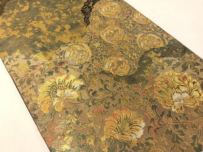 平和屋着物●西陣　服部織物謹製　六通柄袋帯　こはく錦　手工芸　道長更紗花鳥丸文　金糸　引箔　正絹　逸品　CABJ7353vp