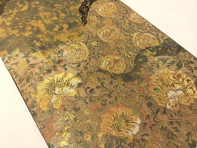 平和屋着物●西陣　服部織物謹製　六通柄袋帯　こはく錦　手工芸　道長更紗花鳥丸文　金糸　引箔　正絹　逸品　CABJ7353vp