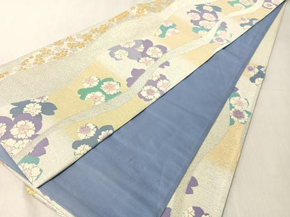 平和屋着物●六通柄袋帯　唐織　よろけ縞舞桜　金銀糸　正絹　逸品　CABJ7355vp