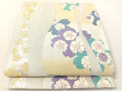 平和屋着物●六通柄袋帯　唐織　よろけ縞舞桜　金銀糸　正絹　逸品　CABJ7355vp