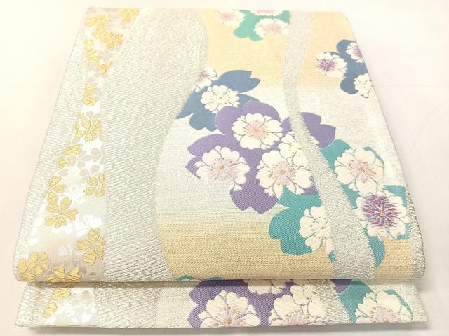 平和屋着物●六通柄袋帯　唐織　よろけ縞舞桜　金銀糸　正絹　逸品　CABJ7355vp