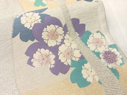 平和屋着物●六通柄袋帯　唐織　よろけ縞舞桜　金銀糸　正絹　逸品　CABJ7355vp