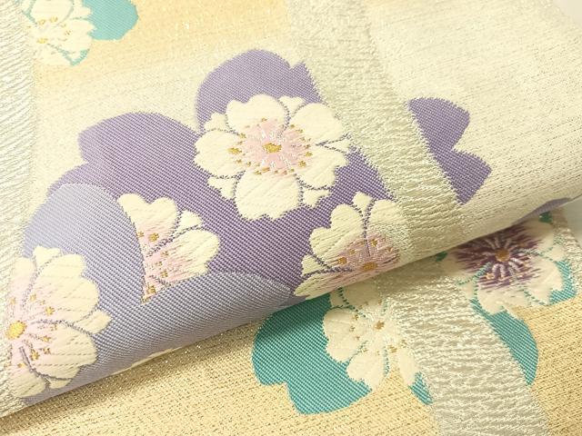 平和屋着物●六通柄袋帯　唐織　よろけ縞舞桜　金銀糸　正絹　逸品　CABJ7355vp