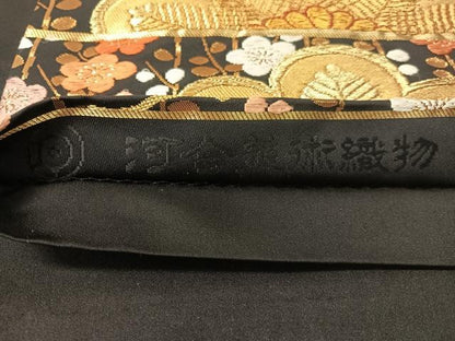 平和屋着物●西陣　河合美術織物謹製　六通柄袋帯　唐織　枝梅松文　黒地　金糸　正絹　逸品　CABJ7358vp