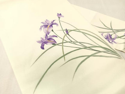 平和屋着物●塩瀬　九寸名古屋帯　作家物　手描き　杜若　正絹　逸品　CABJ7362vp