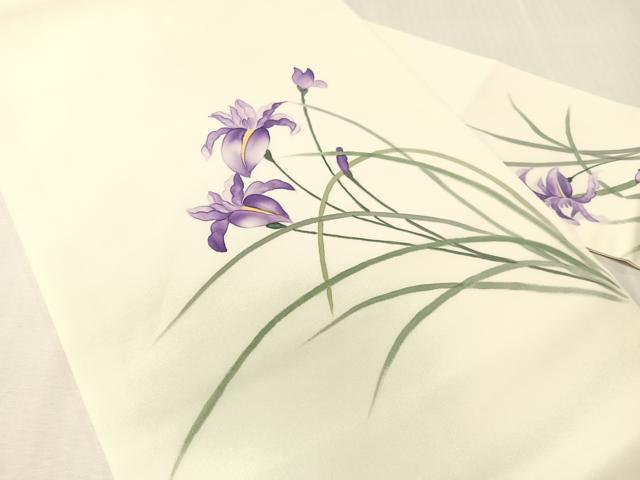平和屋着物●塩瀬　九寸名古屋帯　作家物　手描き　杜若　正絹　逸品　CABJ7362vp