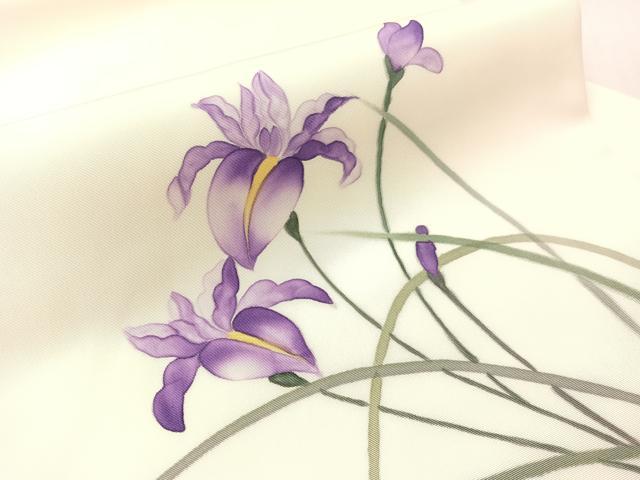 平和屋着物●塩瀬　九寸名古屋帯　作家物　手描き　杜若　正絹　逸品　CABJ7362vp