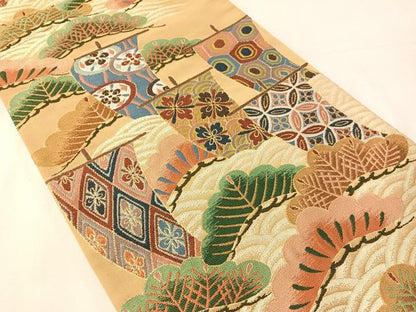 平和屋着物●西陣　白綾苑大庭　六通柄袋帯　浜松舟文　金糸　正絹　逸品　未使用　CABJ7363vp
