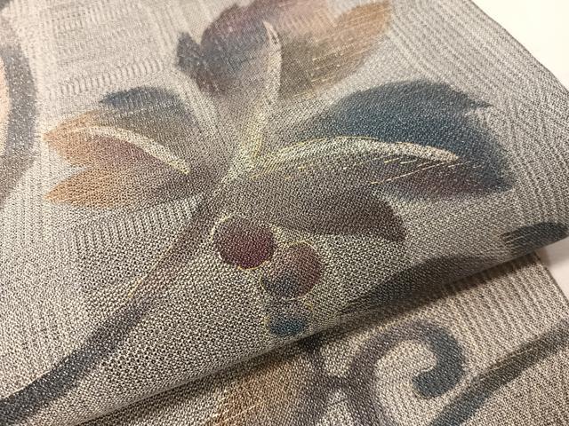 平和屋着物●太鼓柄袋帯　葡萄唐草文　銀通し地　正絹　逸品　未使用　CABJ7364vp