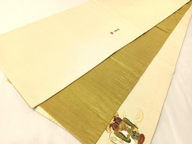 平和屋着物●太鼓柄袋帯　作家物　手描き　紬地　恵比寿　金彩　正絹　逸品　CABJ7366vp