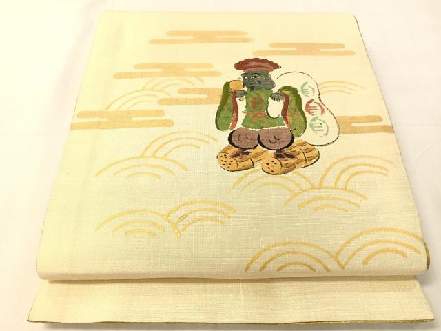 平和屋着物●太鼓柄袋帯　作家物　手描き　紬地　恵比寿　金彩　正絹　逸品　CABJ7366vp