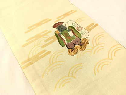 平和屋着物●太鼓柄袋帯　作家物　手描き　紬地　恵比寿　金彩　正絹　逸品　CABJ7366vp