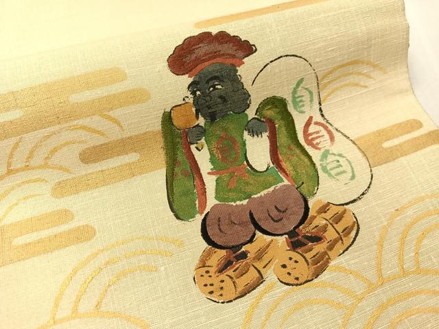 平和屋着物●太鼓柄袋帯　作家物　手描き　紬地　恵比寿　金彩　正絹　逸品　CABJ7366vp