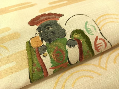 平和屋着物●太鼓柄袋帯　作家物　手描き　紬地　恵比寿　金彩　正絹　逸品　CABJ7366vp
