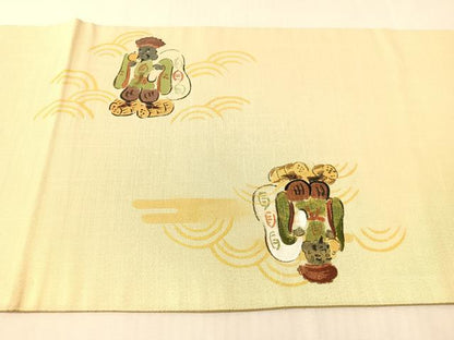 平和屋着物●太鼓柄袋帯　作家物　手描き　紬地　恵比寿　金彩　正絹　逸品　CABJ7366vp