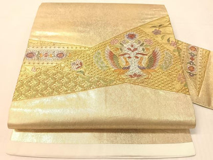 平和屋着物▼中国三大刺繍　スワトウ刺繍　総刺繍　九寸名古屋帯　切嵌双鳥花文　金銀彩　引箔　正絹　逸品　CABJ7374vp