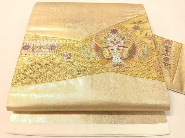 平和屋着物▼中国三大刺繍　スワトウ刺繍　総刺繍　九寸名古屋帯　切嵌双鳥花文　金銀彩　引箔　正絹　逸品　CABJ7374vp