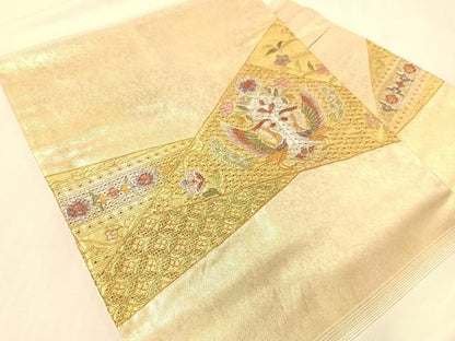 平和屋着物▼中国三大刺繍　スワトウ刺繍　総刺繍　九寸名古屋帯　切嵌双鳥花文　金銀彩　引箔　正絹　逸品　CABJ7374vp