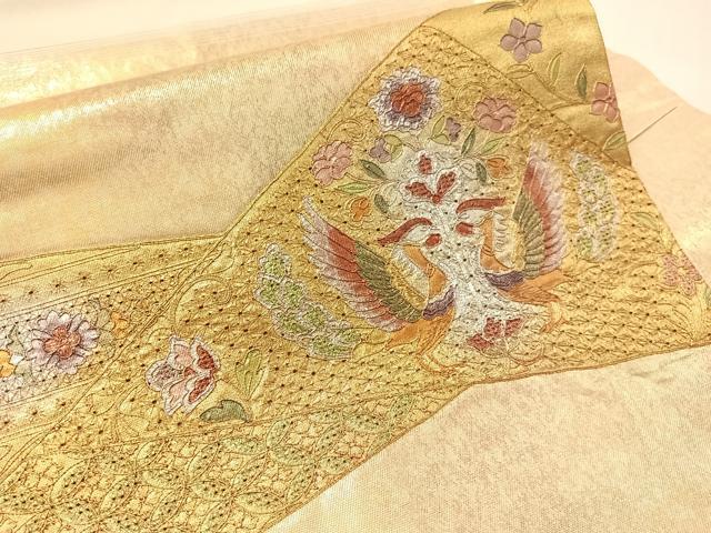 平和屋着物▼中国三大刺繍　スワトウ刺繍　総刺繍　九寸名古屋帯　切嵌双鳥花文　金銀彩　引箔　正絹　逸品　CABJ7374vp