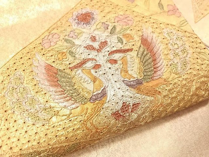 平和屋着物▼中国三大刺繍　スワトウ刺繍　総刺繍　九寸名古屋帯　切嵌双鳥花文　金銀彩　引箔　正絹　逸品　CABJ7374vp