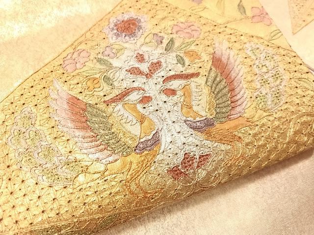 平和屋着物▼中国三大刺繍　スワトウ刺繍　総刺繍　九寸名古屋帯　切嵌双鳥花文　金銀彩　引箔　正絹　逸品　CABJ7374vp