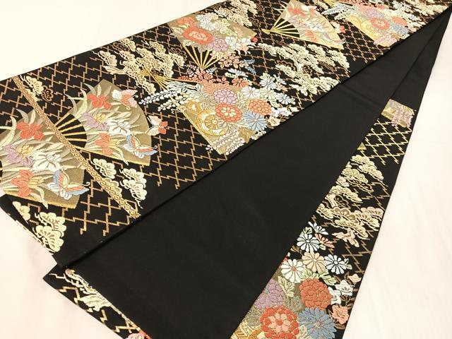 平和屋着物●六通柄袋帯　唐織　扇面御所車花蝶文　黒地　金糸　正絹　逸品　CABJ7379vp