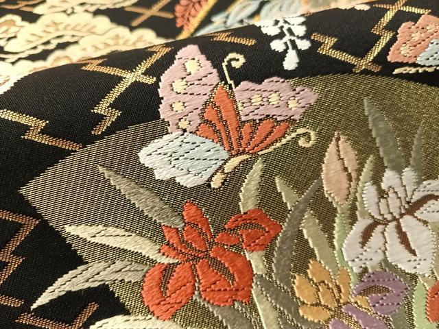 平和屋着物●六通柄袋帯　唐織　扇面御所車花蝶文　黒地　金糸　正絹　逸品　CABJ7379vp