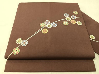 平和屋着物●塩瀬　九寸名古屋帯　刺繍　吉祥丸文　金彩　正絹　逸品　CABJ7381vp