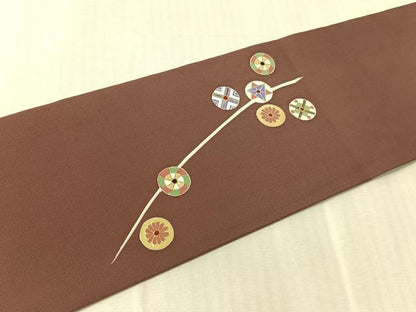 平和屋着物●塩瀬　九寸名古屋帯　刺繍　吉祥丸文　金彩　正絹　逸品　CABJ7381vp