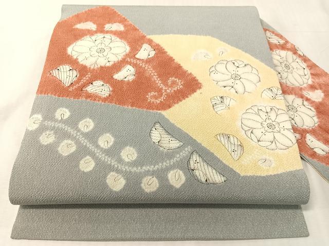 平和屋着物●九寸名古屋帯　辻が花　手描き　絞り　鬼しぼ縮緬　正絹　逸品　CABJ7384vp