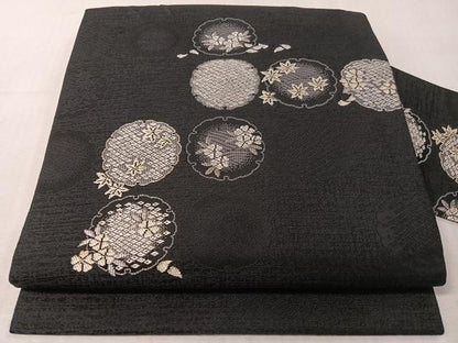 平和屋着物●九寸名古屋帯　雪輪花文　黒地　銀糸　正絹　逸品　CABJ7385vp
