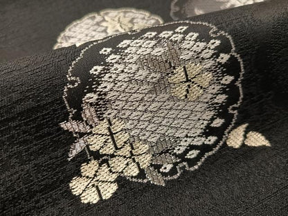 平和屋着物●九寸名古屋帯　雪輪花文　黒地　銀糸　正絹　逸品　CABJ7385vp