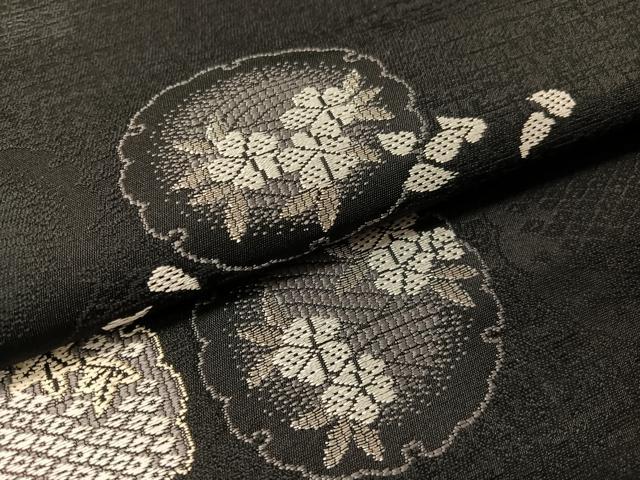 平和屋着物●九寸名古屋帯　雪輪花文　黒地　銀糸　正絹　逸品　CABJ7385vp
