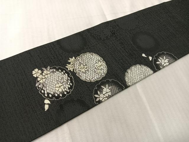 平和屋着物●九寸名古屋帯　雪輪花文　黒地　銀糸　正絹　逸品　CABJ7385vp