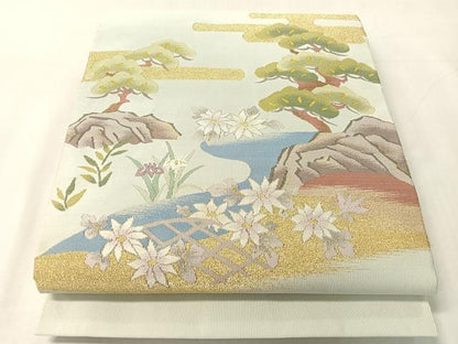 平和屋着物●爪掻き本綴れ　八寸名古屋帯　流水花松文　金銀糸　正絹　逸品　未使用　CABJ7396vp