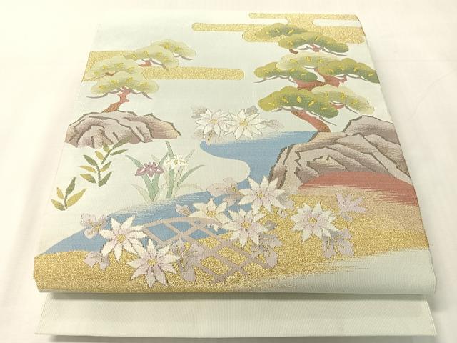 平和屋着物●爪掻き本綴れ　八寸名古屋帯　流水花松文　金銀糸　正絹　逸品　未使用　CABJ7396vp
