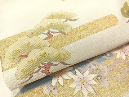平和屋着物●爪掻き本綴れ　八寸名古屋帯　流水花松文　金銀糸　正絹　逸品　未使用　CABJ7396vp