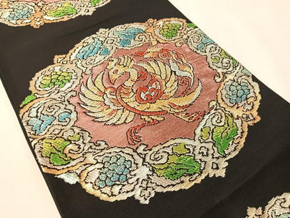 平和屋着物●六通柄袋帯　正倉院鳳凰唐華文　黒地　金銀糸　正絹　逸品　CABJ7399vp