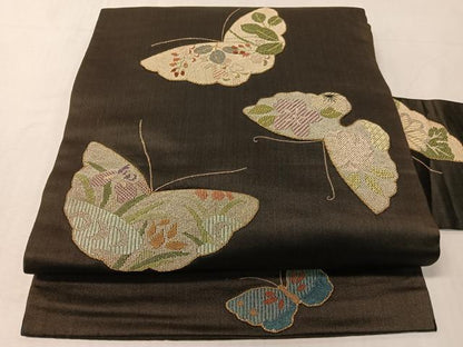平和屋着物●アンティーク　大正ロマン　九寸名古屋帯　絽刺し　区限刺繍　総刺繍　舞蝶文　黒地　金銀糸　正絹　逸品　CABJ7413vp